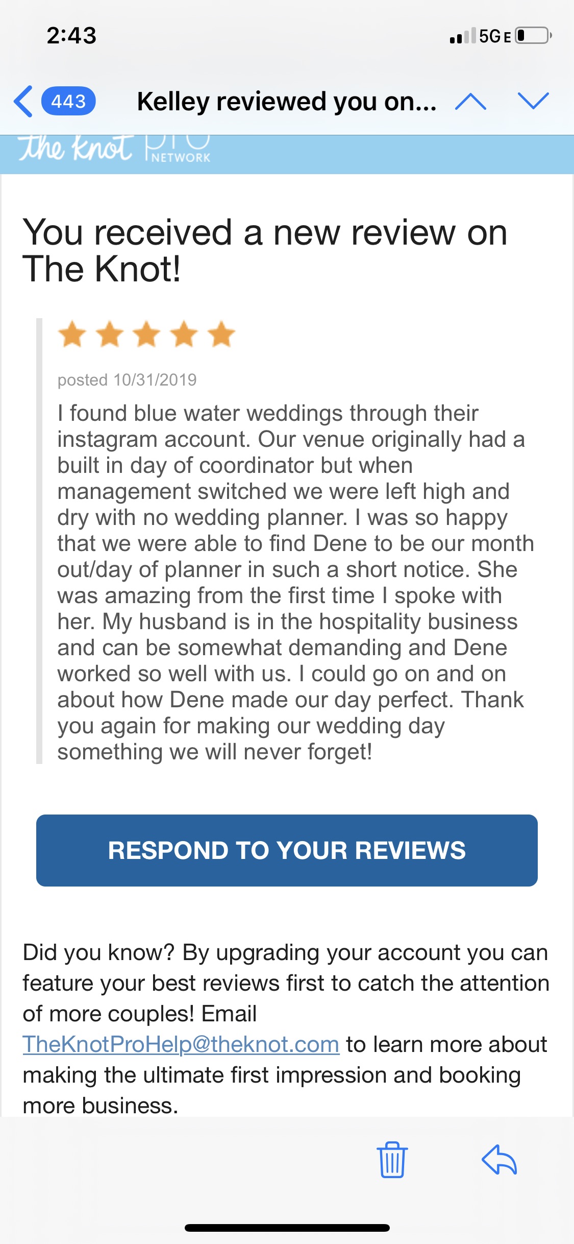 The Knot review shares praise for Blue Water Weddings planner in the Florida Keys.